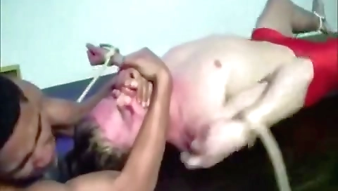 Two horny guys with a dildo and elbows blindfold